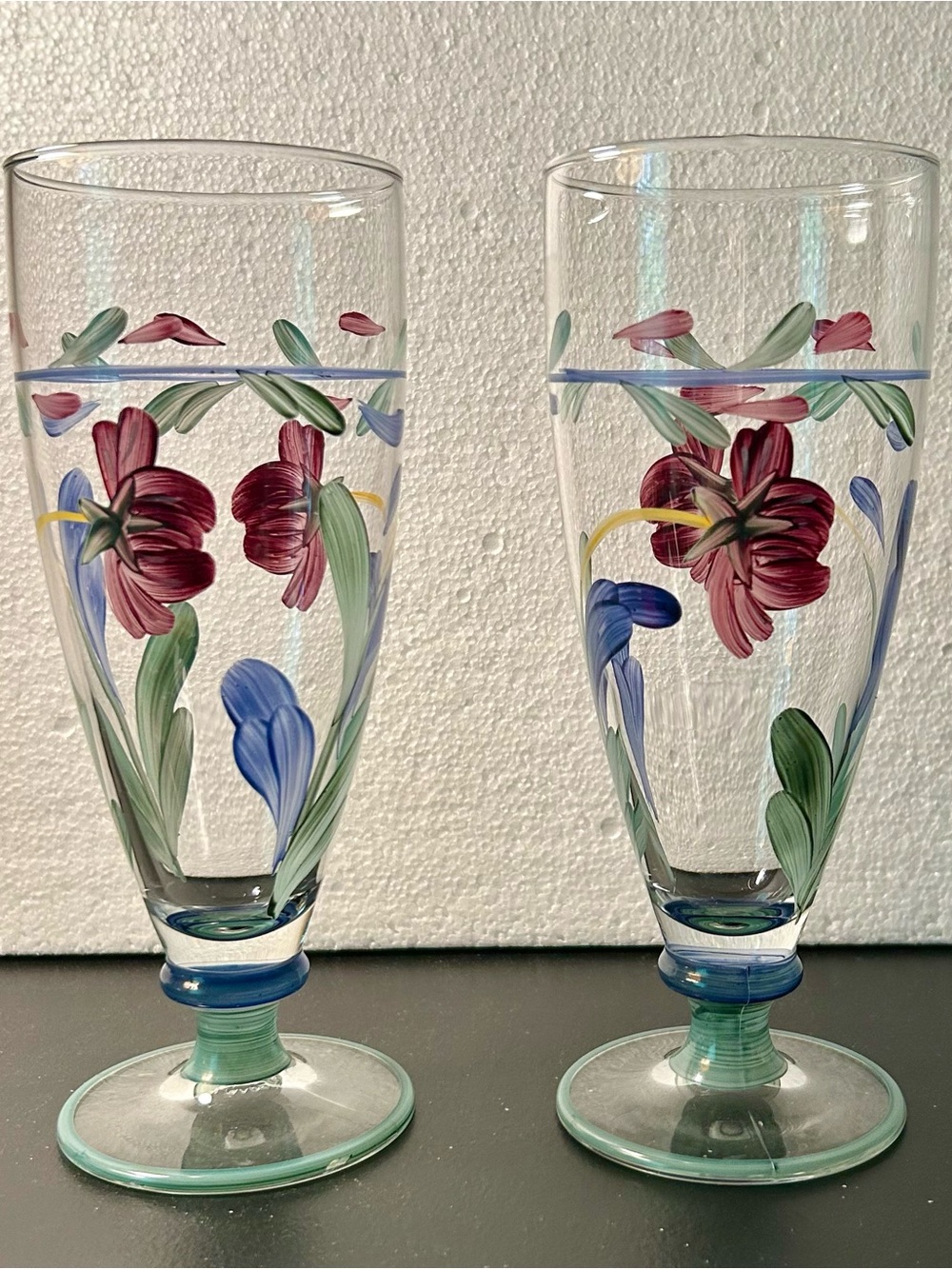 Set of 2 Lenox Hand-Painted Floral Tall crystal Giblets with Pink & Blue Flowers